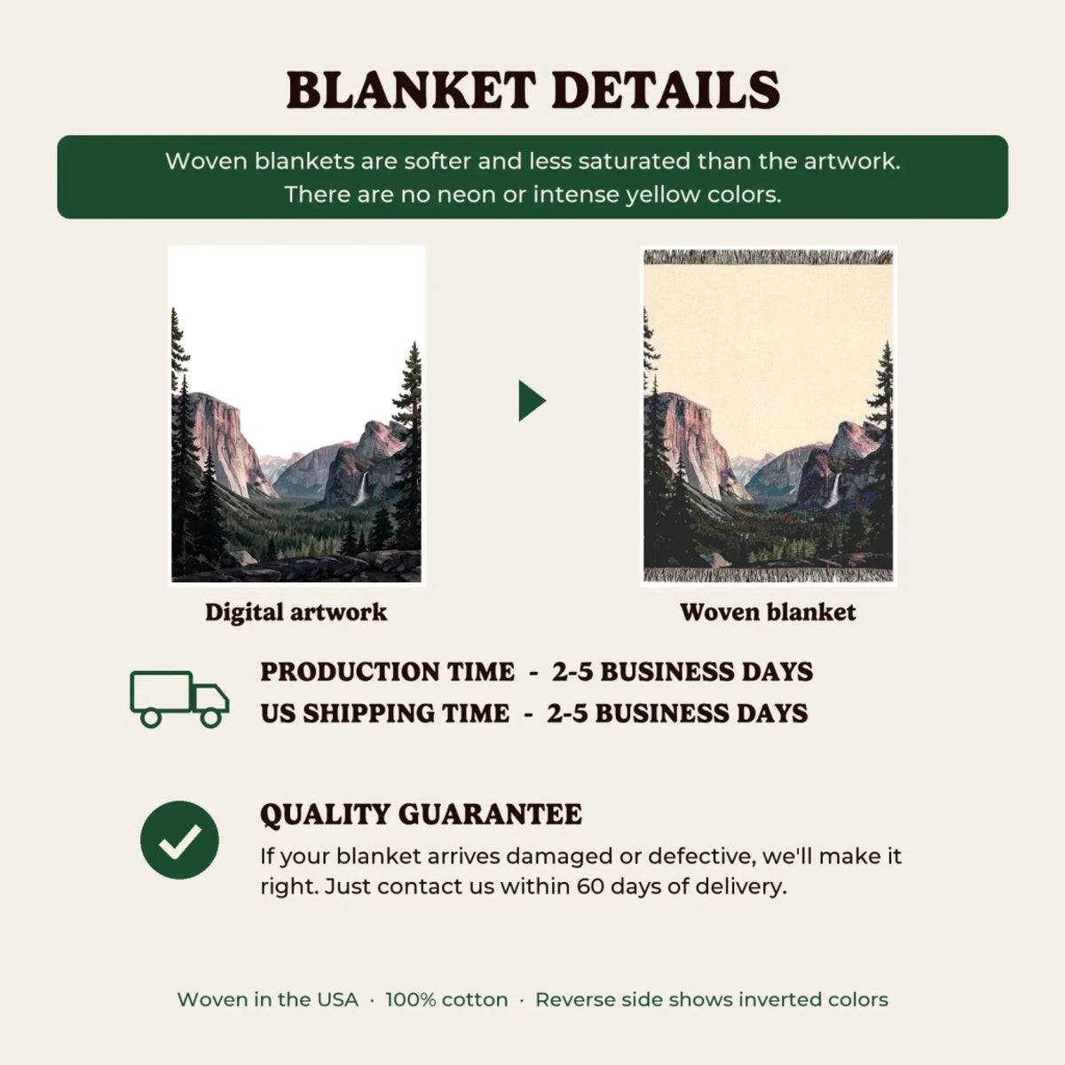 Woven blanket details, production time and quality guarantee