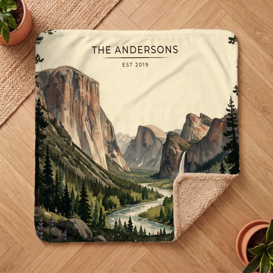 Cozy Yosemite Valley Sherpa Blanket featuring a scenic mountain landscape with personalized text and a plush underside.