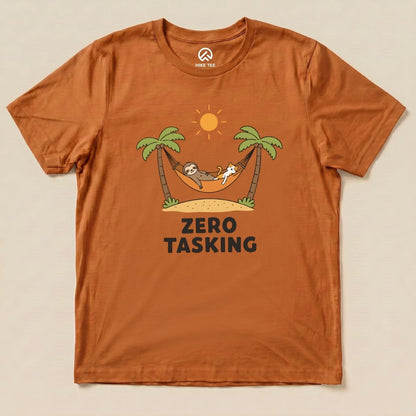 An orange graphic t-shirt features a sloth and a cat lounging in a hammock with the phrase "ZERO TASKING" displayed below.