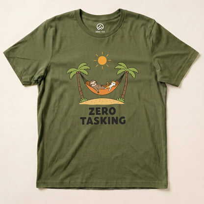 The graphic t-shirt features a sloth and a cat lounging in a hammock under palm trees with the text "ZERO TASKING".