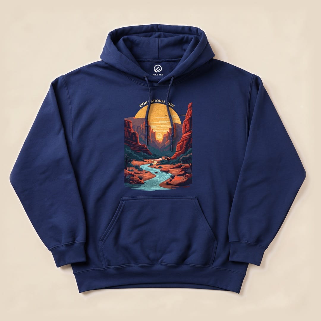 Navy blue Zion National Park Hoodie featuring a sunset over canyons and a river, with a graphic design inspired by the park.
